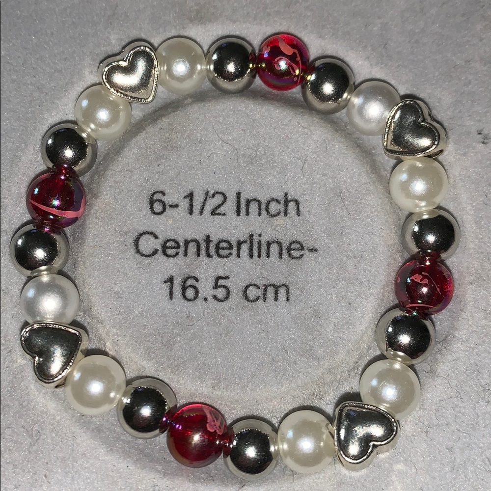 Red, white and Silver Heart Beaded stretch Bracelet